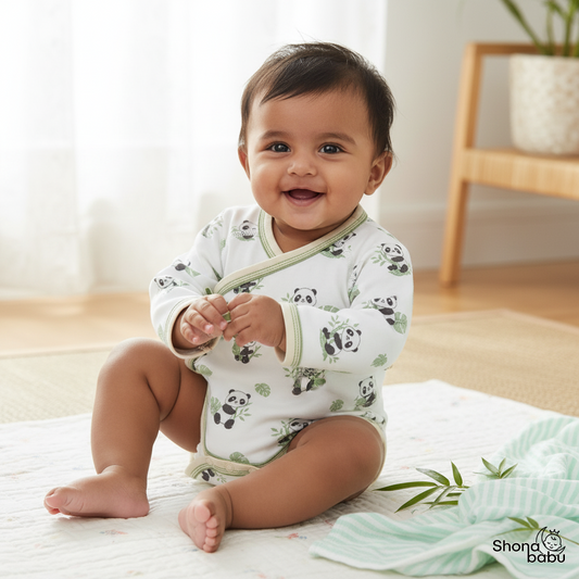 The Serene Panda Skies Trio: Organic Cotton Premium Kimono Rompers (Set of 3)