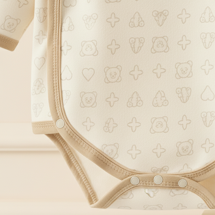 Baby bodysuit with teddy bear pattern and a gift box with a bow on a light beige background.