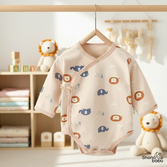 🦁 Little Lion & Elephant Organic Wrap Bodysuit ✨