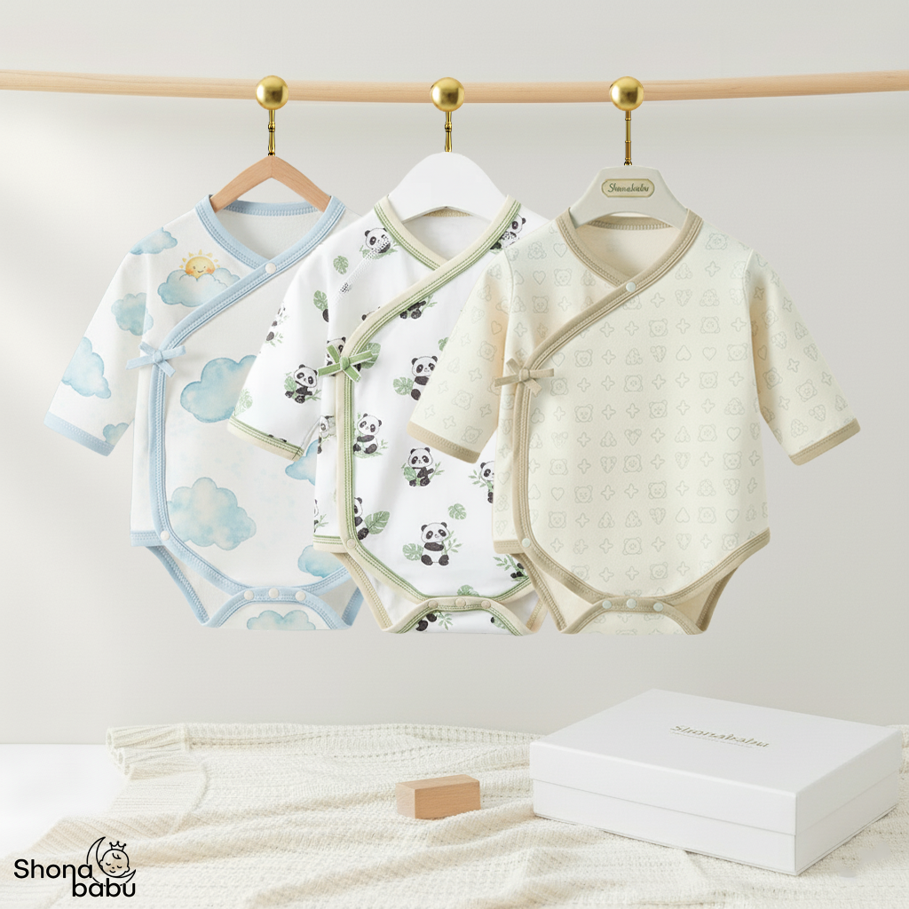 The Serene Panda Skies Trio: Organic Cotton Premium Kimono Rompers (Set of 3)
