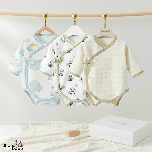 The Serene Panda Skies Trio: Organic Cotton Premium Kimono Rompers (Set of 3)